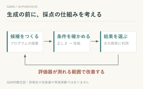 候補生成、正しさと性能の評価、結果の選択を繰り返す循環図。