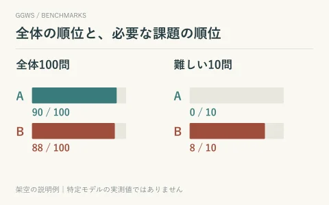 架空のモデルAは全体90問正解、難問0問正解。Bは全体88問正解、難問8問正解。