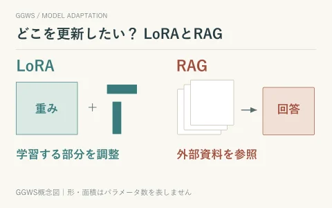 LoRAは学習する重みの部分を調整し、RAGは外部資料を参照して回答するという違い。