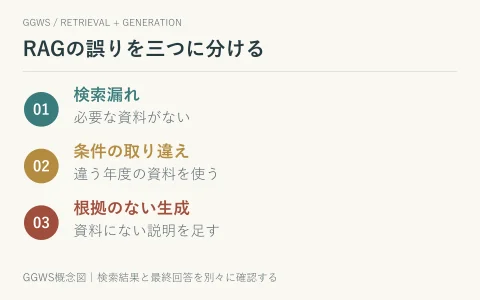 RAGの失敗を、検索漏れ、年度などの条件違い、根拠のない生成の三つに分類。